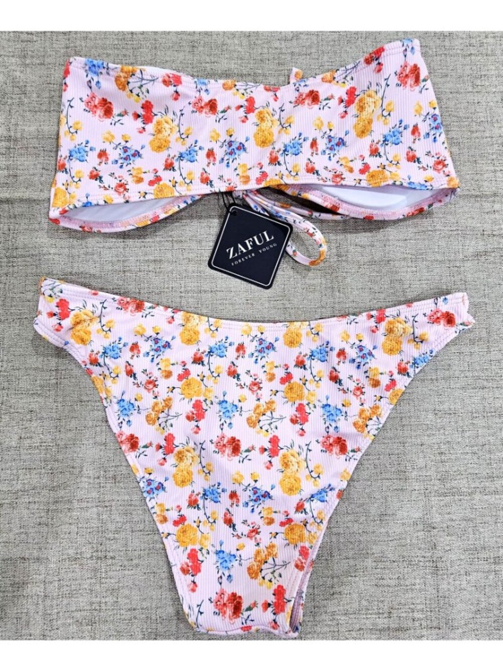 Medium Pink Floral Ribbed Bandeau Bikini Set With Tie Front Cheeky Bottom NWT - Picture 4 of 4